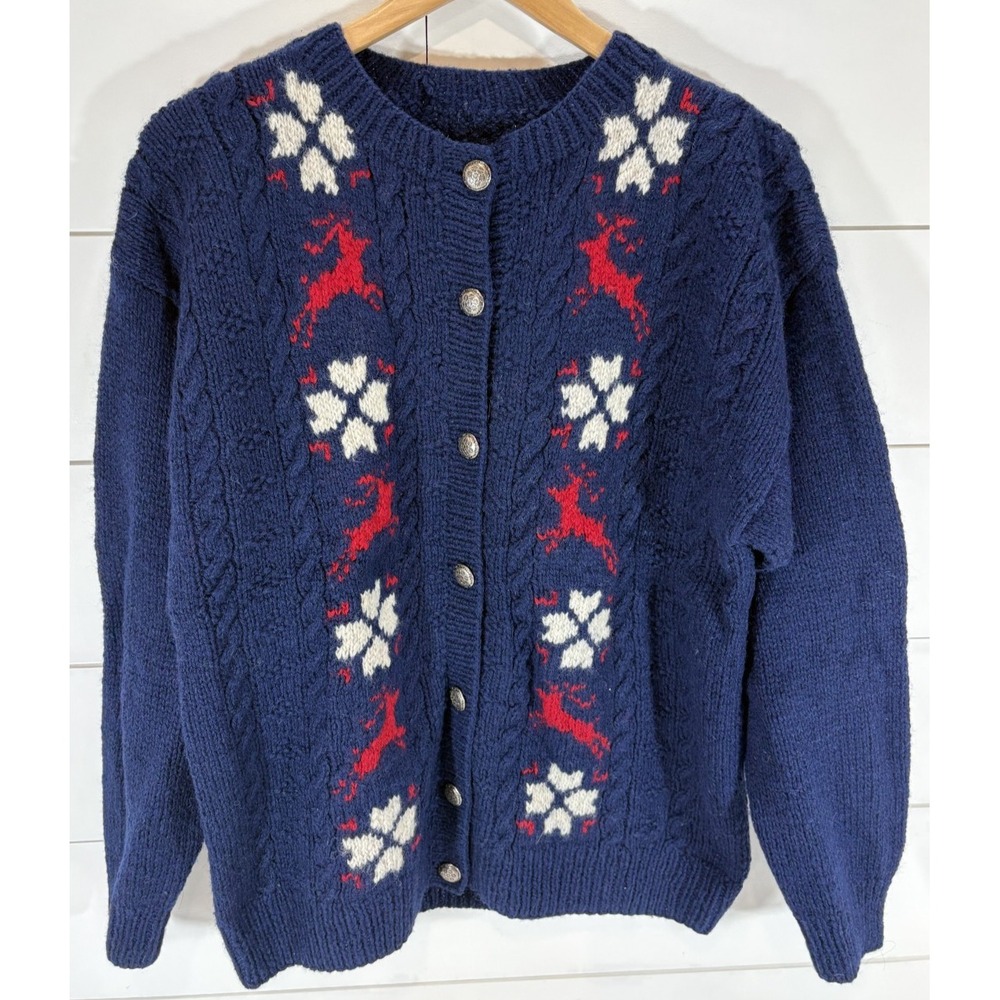 Vintage Eddie Bauer Wool Cardigan Reindeer Nordic Navy Blue 1989 Womens M/L